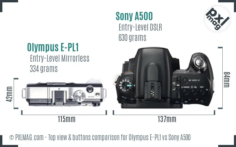Olympus E-PL1 vs Sony A500 top view buttons comparison