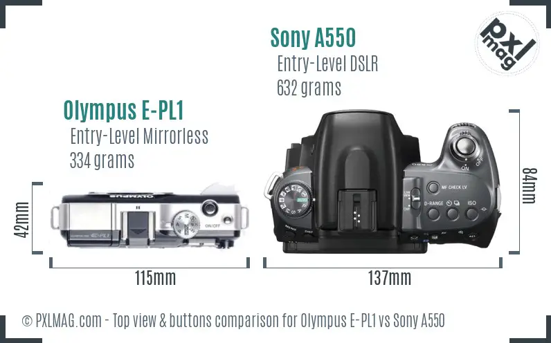 Olympus E-PL1 vs Sony A550 top view buttons comparison Olympus E-PL1 vs Sony A550 top view buttons comparison