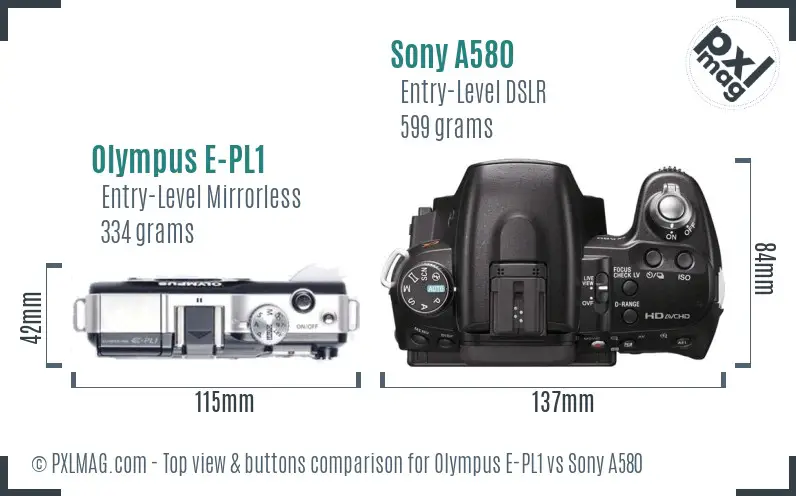 Olympus E-PL1 vs Sony A580 top view buttons comparison