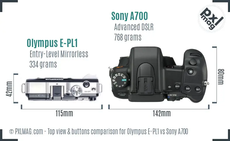 Olympus E-PL1 vs Sony A700 top view buttons comparison