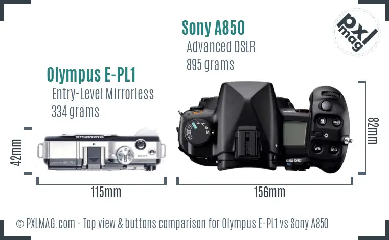 Olympus E-PL1 vs Sony A850 top view buttons comparison Olympus E-PL1 vs Sony A850 top view buttons comparison