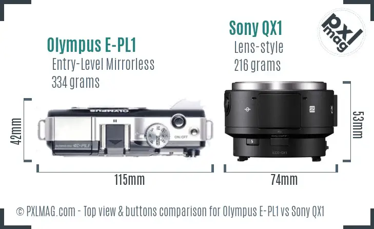 Olympus E-PL1 vs Sony QX1 top view buttons comparison