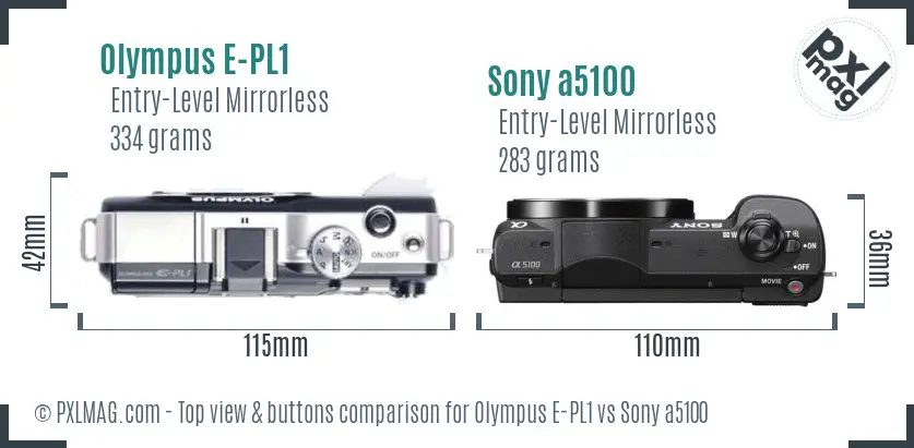 Olympus E-PL1 vs Sony a5100 top view buttons comparison
