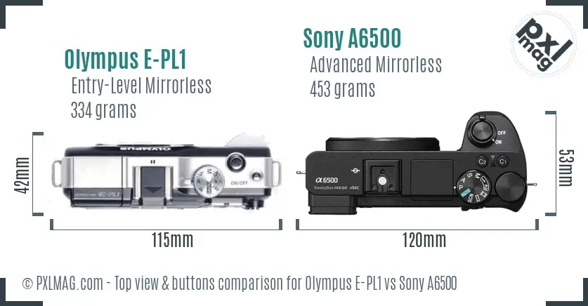 Olympus E-PL1 vs Sony A6500 top view buttons comparison