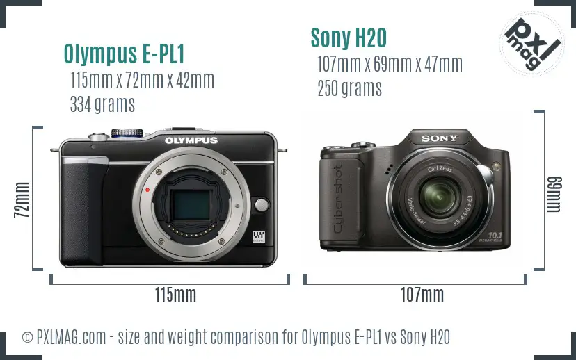 Olympus E-PL1 vs Sony H20 size comparison
