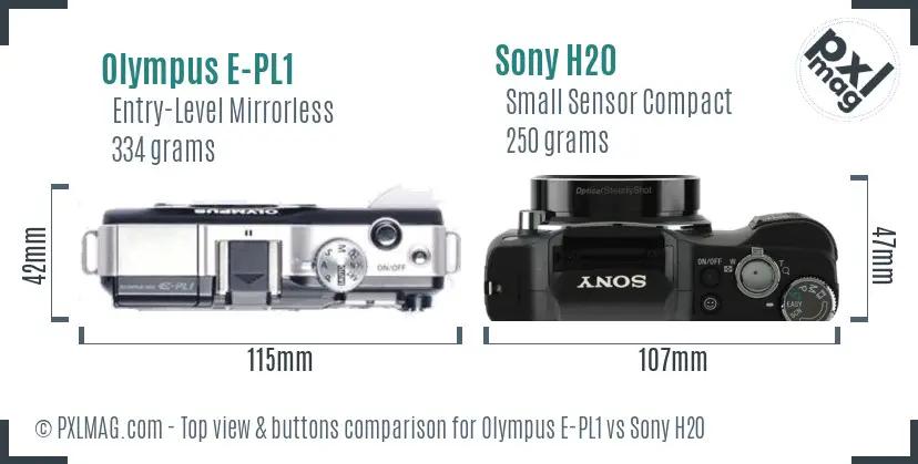 Olympus E-PL1 vs Sony H20 top view buttons comparison