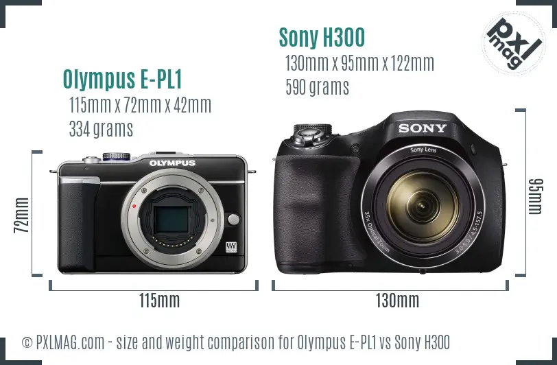Olympus E-PL1 vs Sony H300 size comparison