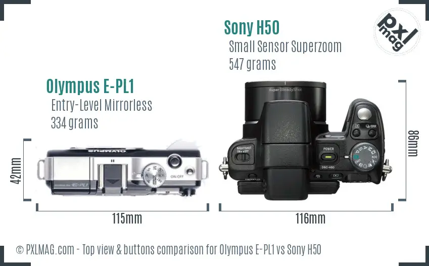 Olympus E-PL1 vs Sony H50 top view buttons comparison