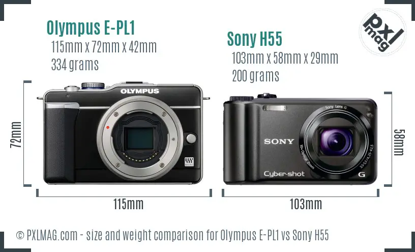 Olympus E-PL1 vs Sony H55 size comparison