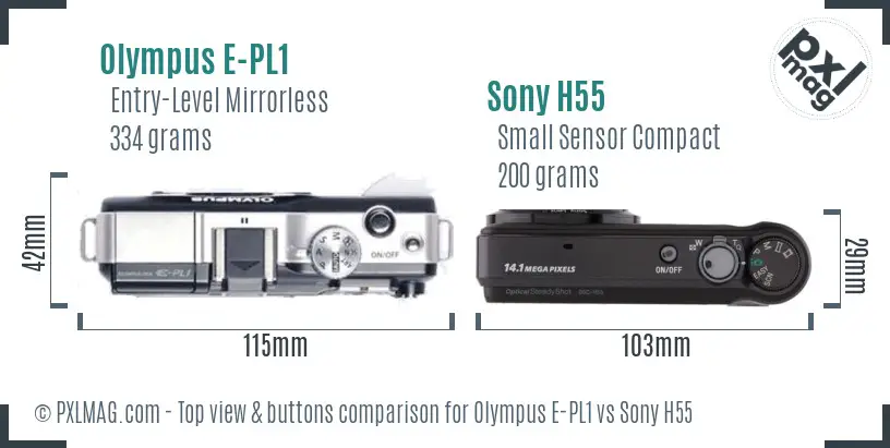 Olympus E-PL1 vs Sony H55 top view buttons comparison