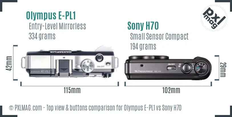 Olympus E-PL1 vs Sony H70 top view buttons comparison