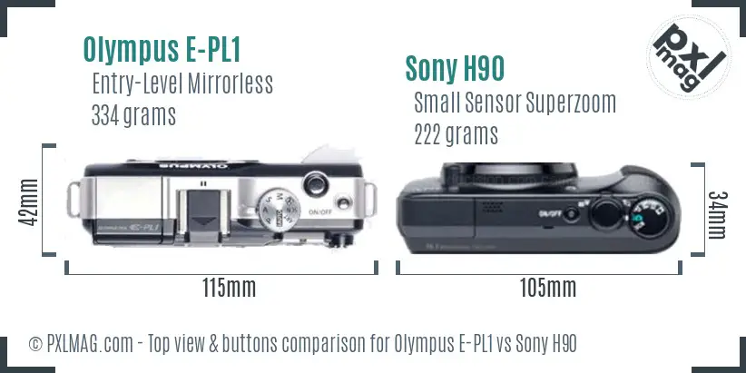 Olympus E-PL1 vs Sony H90 top view buttons comparison