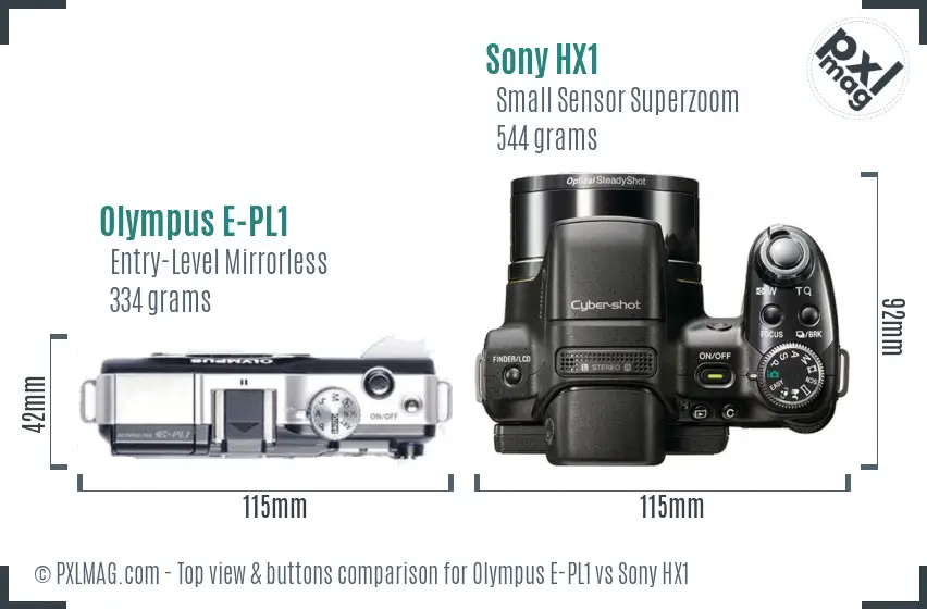 Olympus E-PL1 vs Sony HX1 top view buttons comparison
