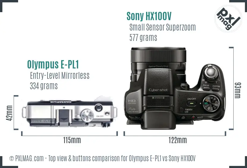 Olympus E-PL1 vs Sony HX100V top view buttons comparison