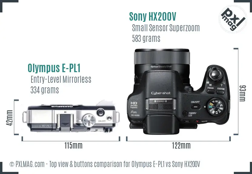 Olympus E-PL1 vs Sony HX200V top view buttons comparison