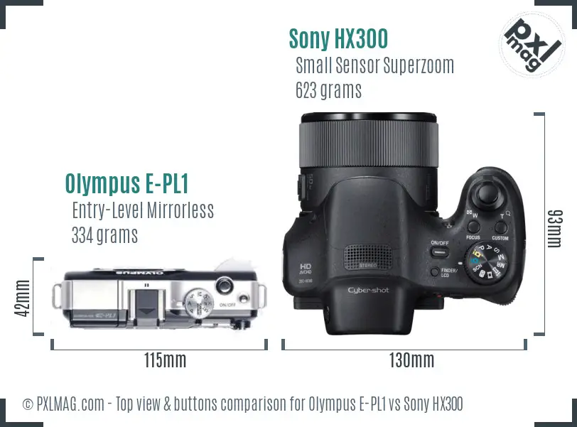 Olympus E-PL1 vs Sony HX300 top view buttons comparison