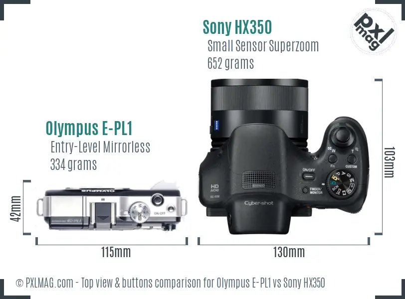 Olympus E-PL1 vs Sony HX350 top view buttons comparison