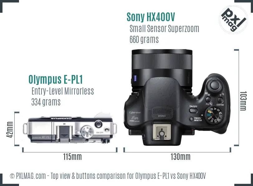 Olympus E-PL1 vs Sony HX400V top view buttons comparison