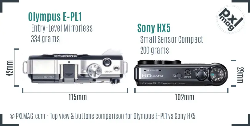 Olympus E-PL1 vs Sony HX5 top view buttons comparison