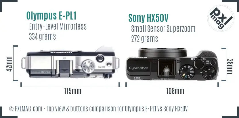 Olympus E-PL1 vs Sony HX50V top view buttons comparison
