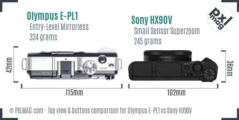 Olympus E-PL1 vs Sony HX90V top view buttons comparison