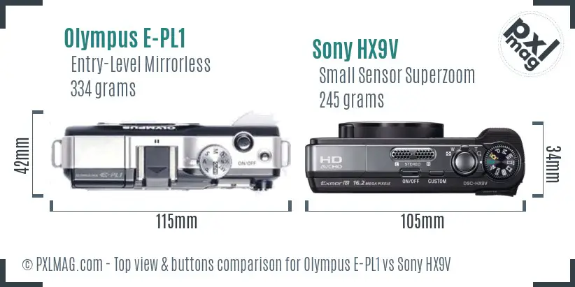 Olympus E-PL1 vs Sony HX9V top view buttons comparison