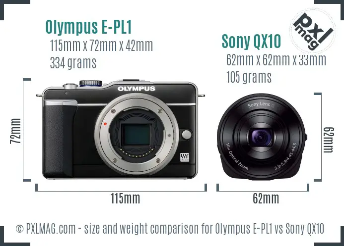 Olympus E-PL1 vs Sony QX10 size comparison