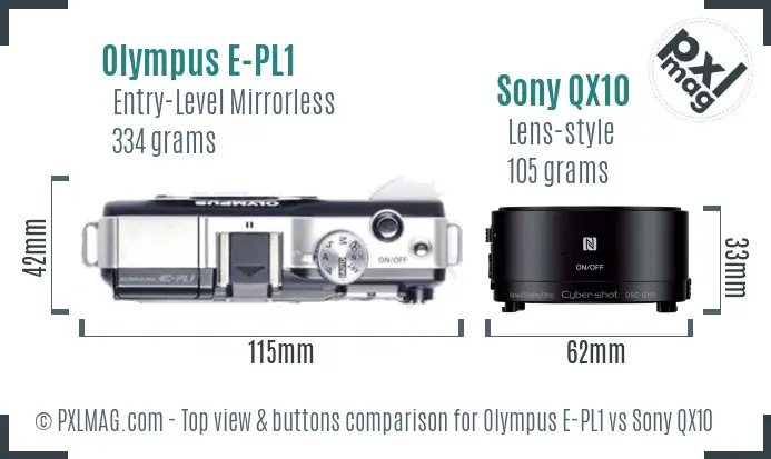 Olympus E-PL1 vs Sony QX10 top view buttons comparison