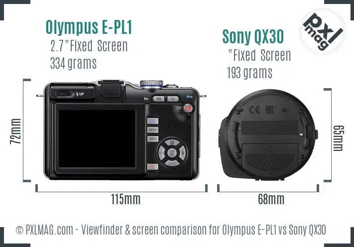 Olympus E-PL1 vs Sony QX30 Screen and Viewfinder comparison