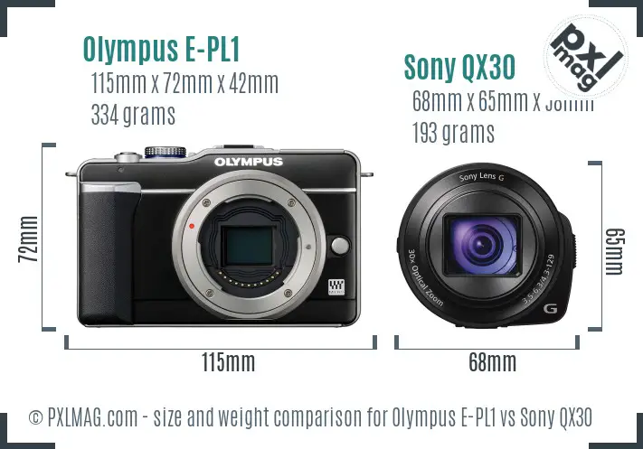 Olympus E-PL1 vs Sony QX30 size comparison