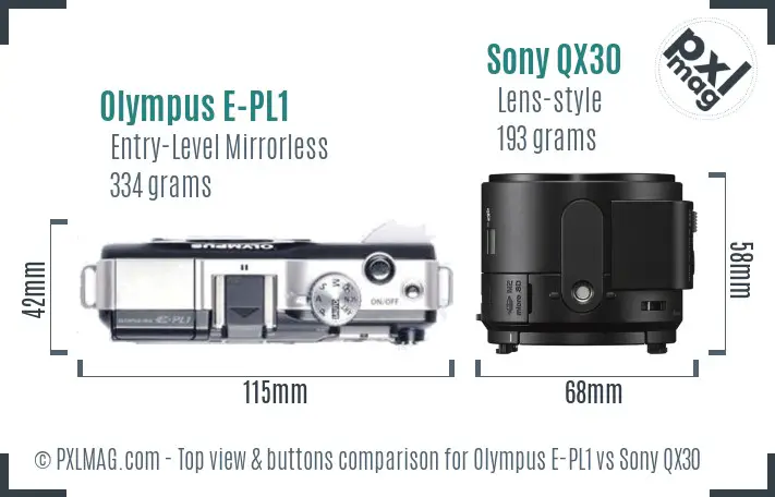 Olympus E-PL1 vs Sony QX30 top view buttons comparison