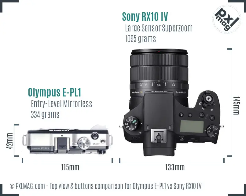 Olympus E-PL1 vs Sony RX10 IV top view buttons comparison