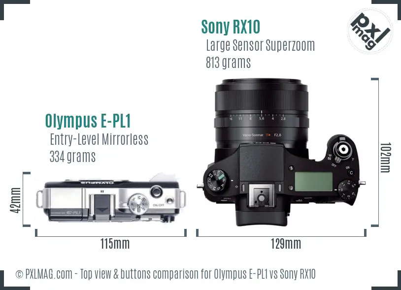 Olympus E-PL1 vs Sony RX10 top view buttons comparison