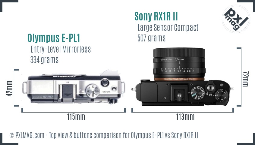 Olympus E-PL1 vs Sony RX1R II top view buttons comparison