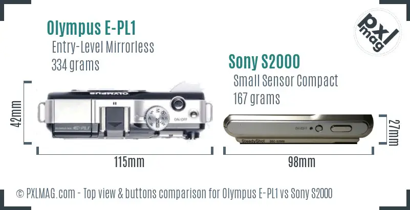 Olympus E-PL1 vs Sony S2000 top view buttons comparison Olympus E-PL1 vs Sony S2000 top view buttons comparison