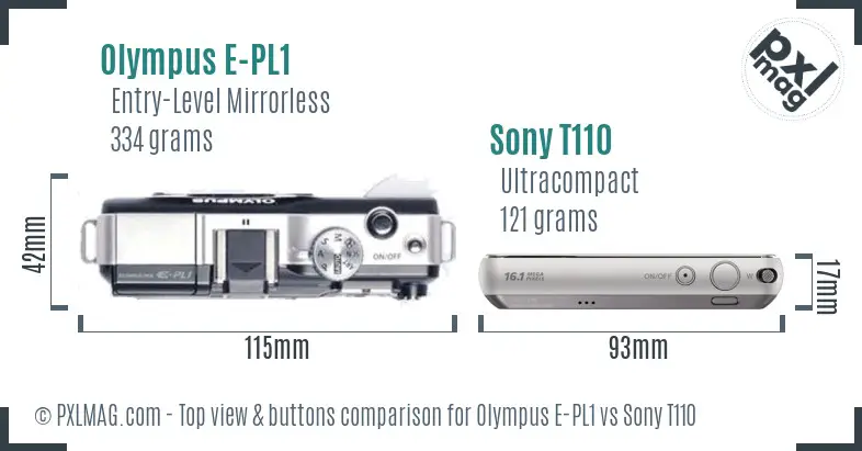 Olympus E-PL1 vs Sony T110 top view buttons comparison