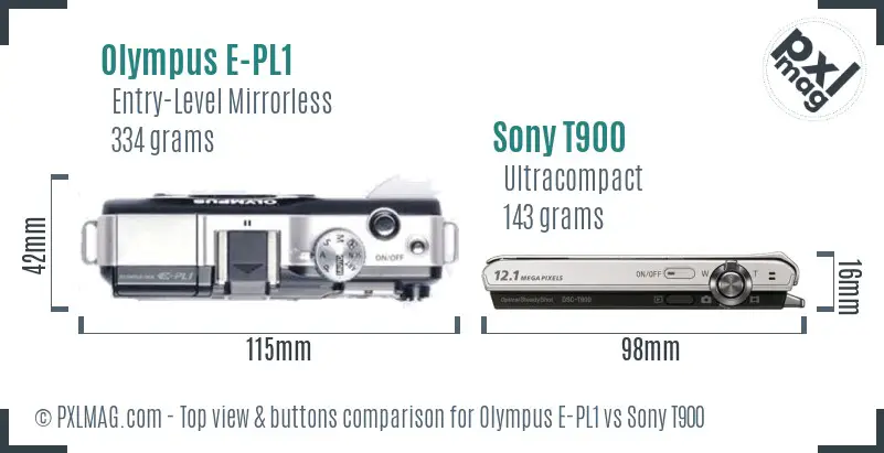 Olympus E-PL1 vs Sony T900 top view buttons comparison