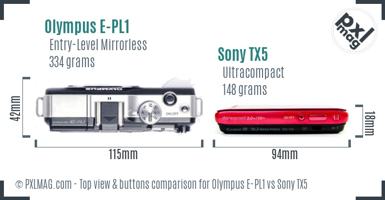 Olympus E-PL1 vs Sony TX5 top view buttons comparison