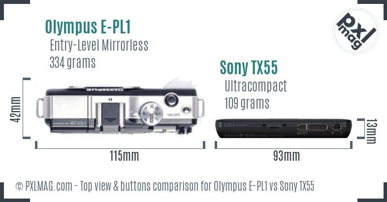 Olympus E-PL1 vs Sony TX55 top view buttons comparison
