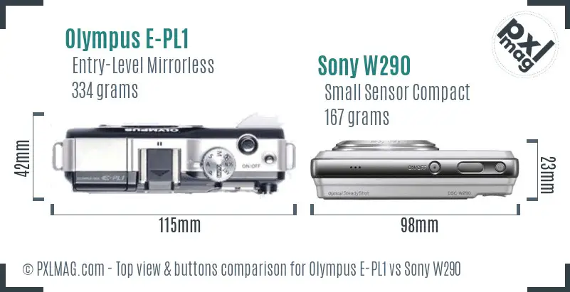 Olympus E-PL1 vs Sony W290 top view buttons comparison