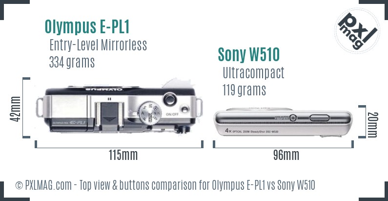 Olympus E-PL1 vs Sony W510 top view buttons comparison