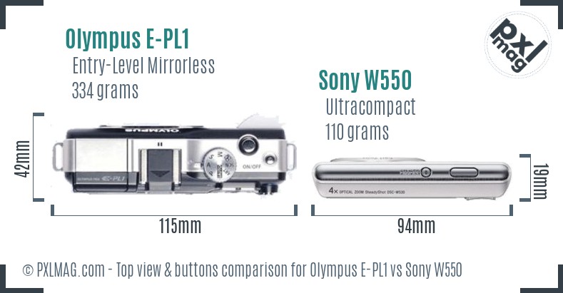 Olympus E-PL1 vs Sony W550 top view buttons comparison