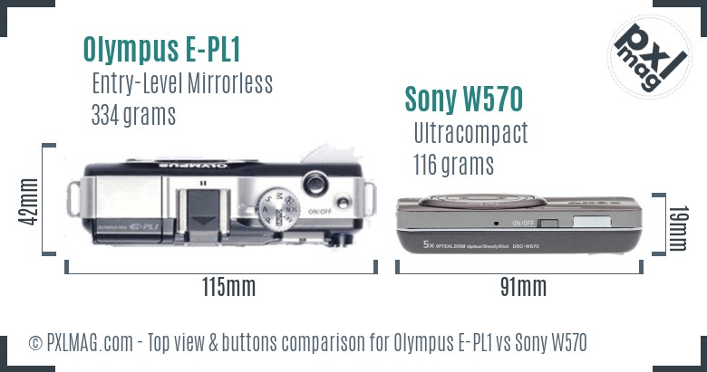 Olympus E-PL1 vs Sony W570 top view buttons comparison