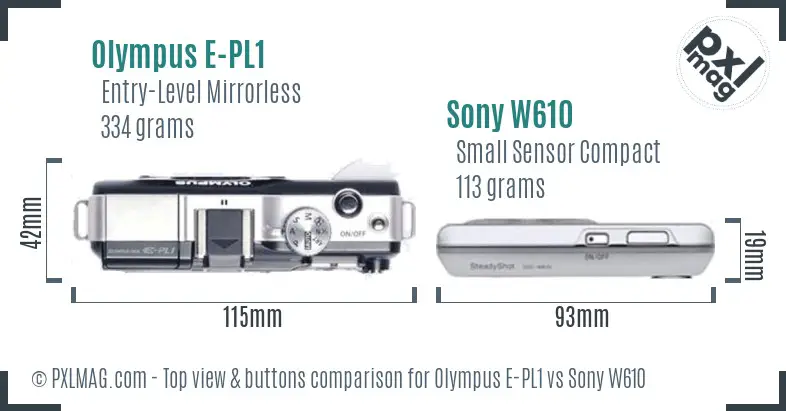 Olympus E-PL1 vs Sony W610 top view buttons comparison