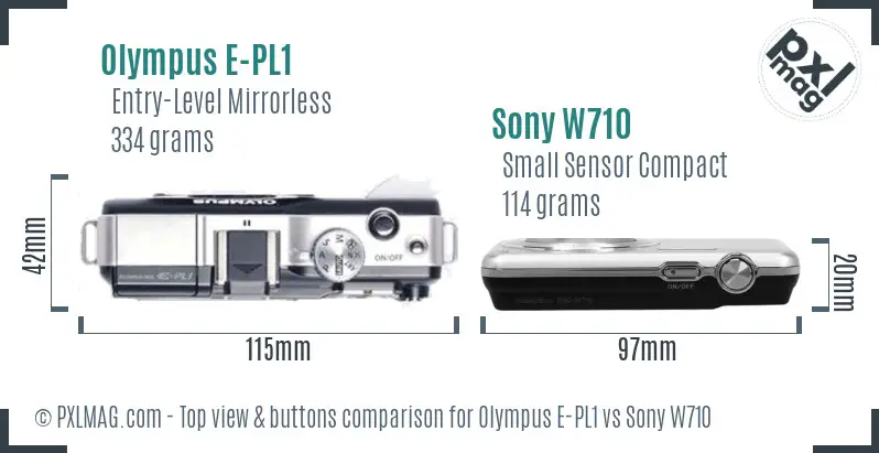 Olympus E-PL1 vs Sony W710 top view buttons comparison