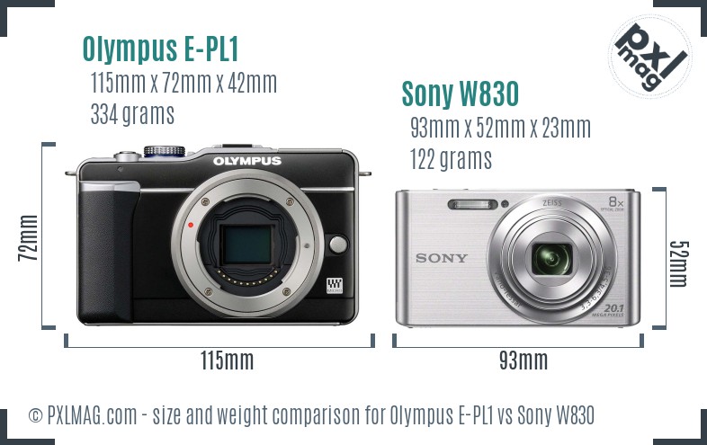 Olympus E-PL1 vs Sony W830 size comparison