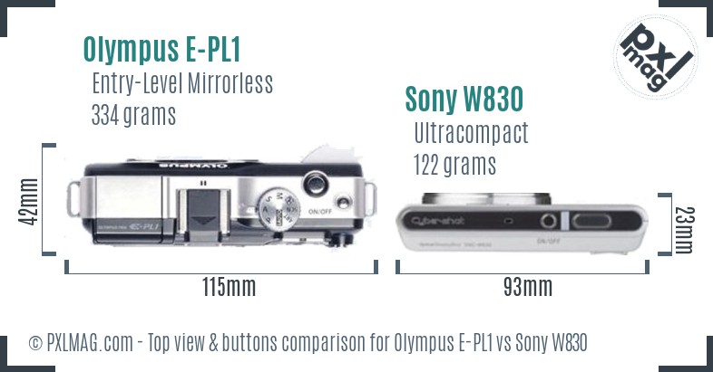 Olympus E-PL1 vs Sony W830 top view buttons comparison