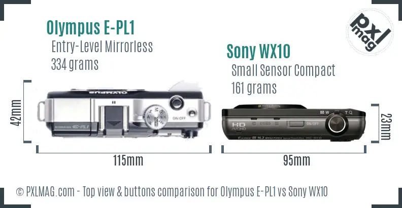 Olympus E-PL1 vs Sony WX10 top view buttons comparison