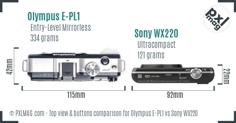 Olympus E-PL1 vs Sony WX220 top view buttons comparison