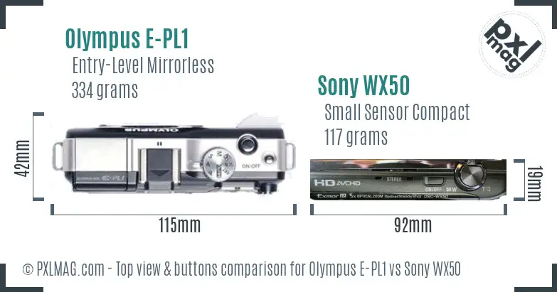 Olympus E-PL1 vs Sony WX50 top view buttons comparison